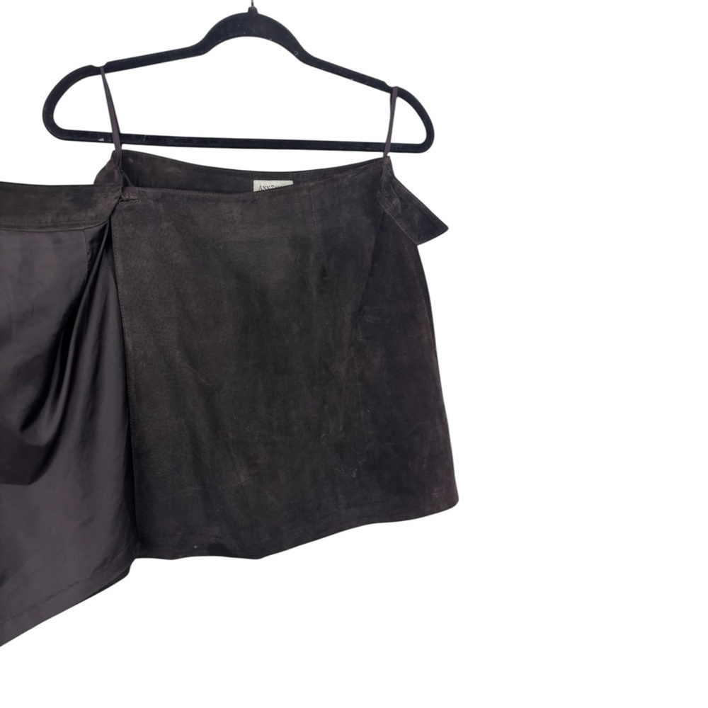VINTAGE 90s ANN TAYLOR SUEDE LEATHER CHOCOLATE BROWN WRAP MINI SKIRT - Picture 5 of 10